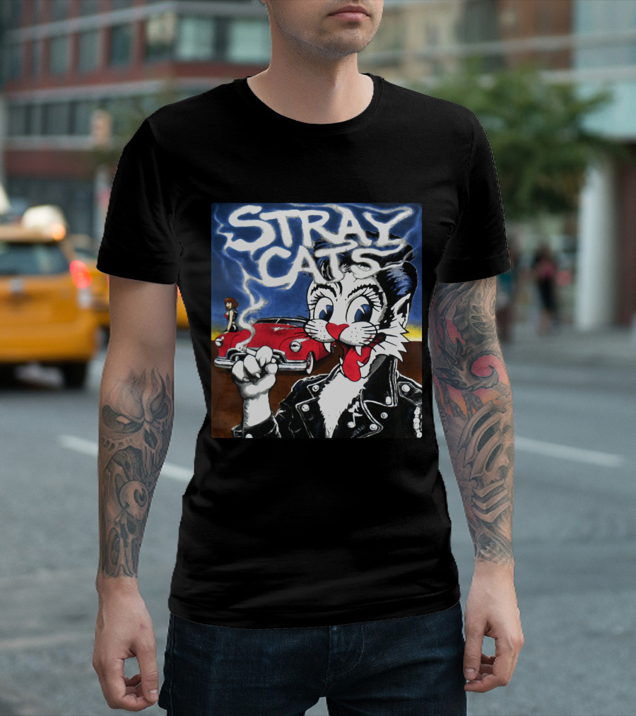 Stray Cats Rockabilly Cat And Classic Car Scene T-Shirt