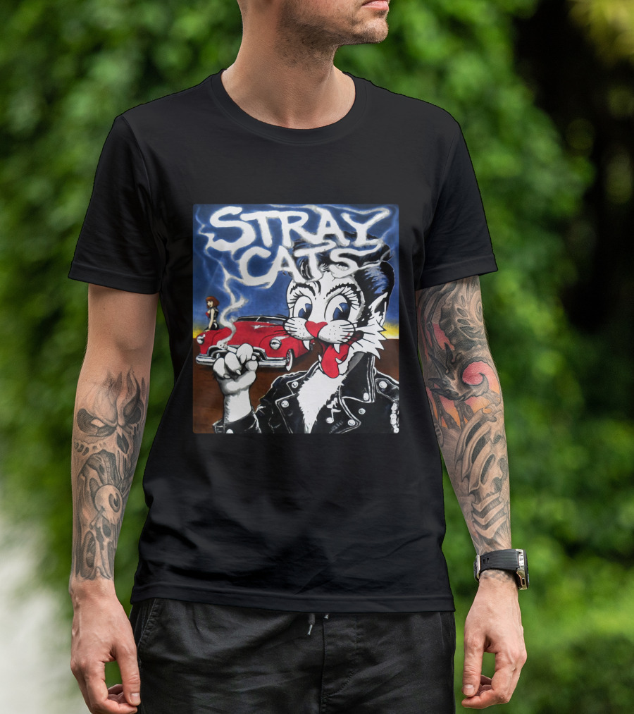 Stray Cats Rockabilly Cat And Classic Car Scene T-Shirt