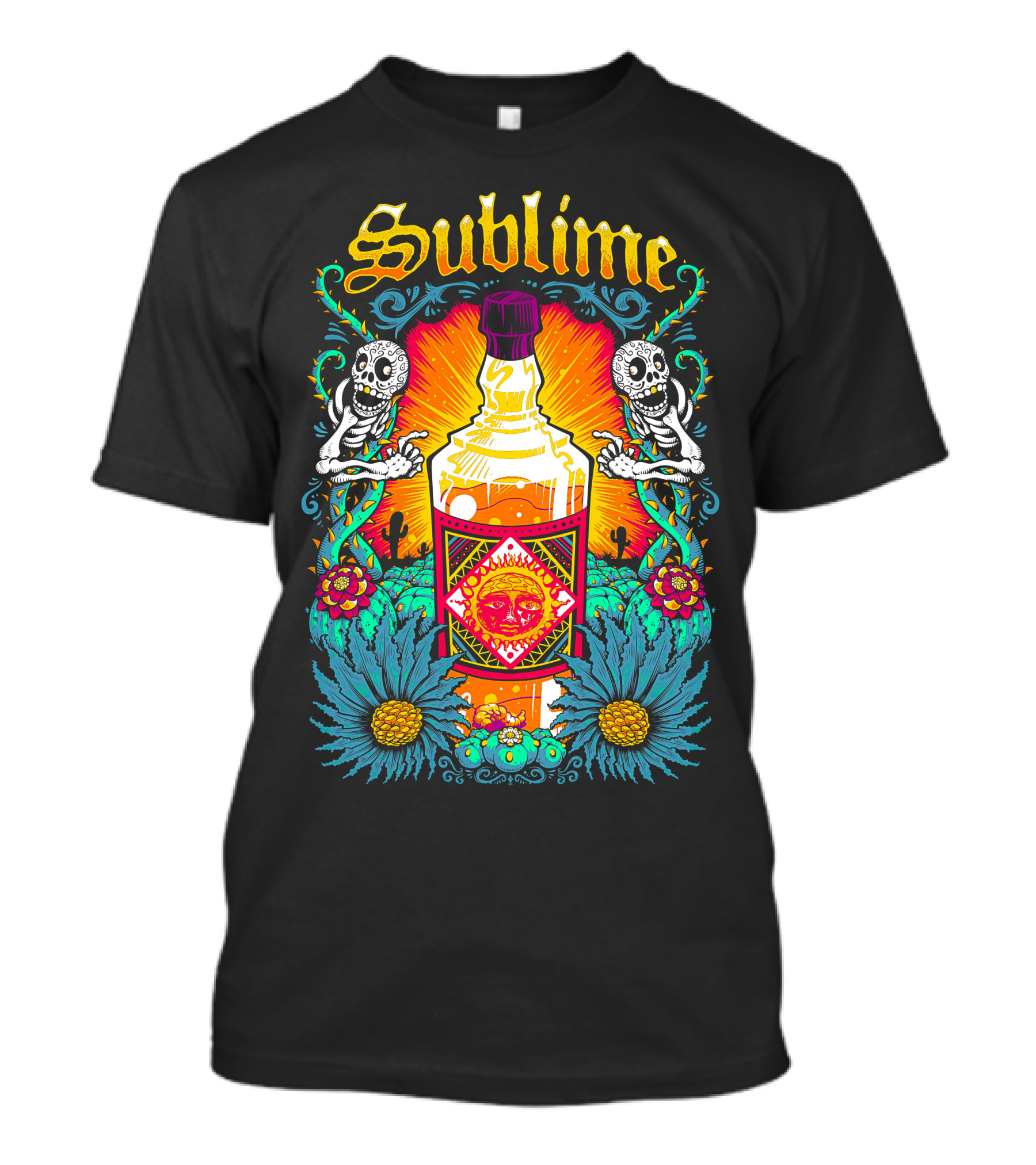 Sublime Skeletons And Cactus With Bottle Sunburst T-Shirt