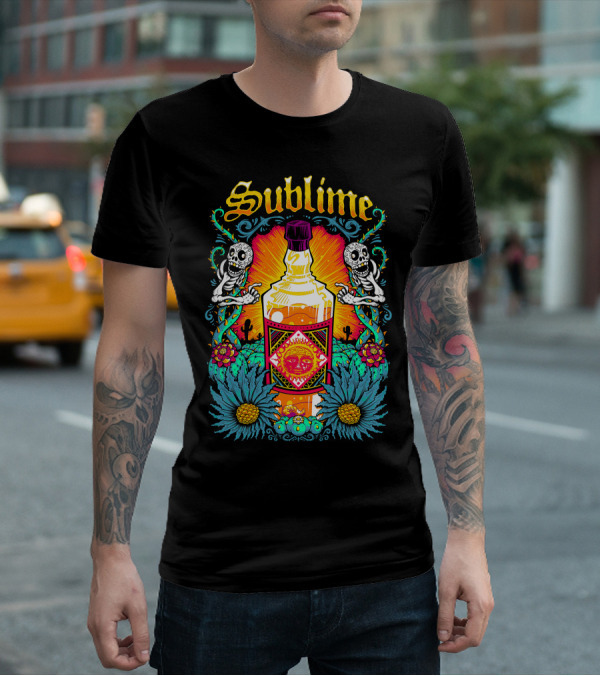 Sublime Skeletons And Cactus With Bottle Sunburst T-Shirt