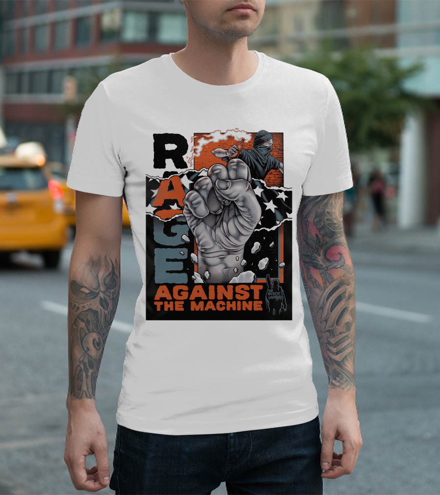 Rage Against The Machine Fist With Star Pattern And Hooded Figure T-Shirt