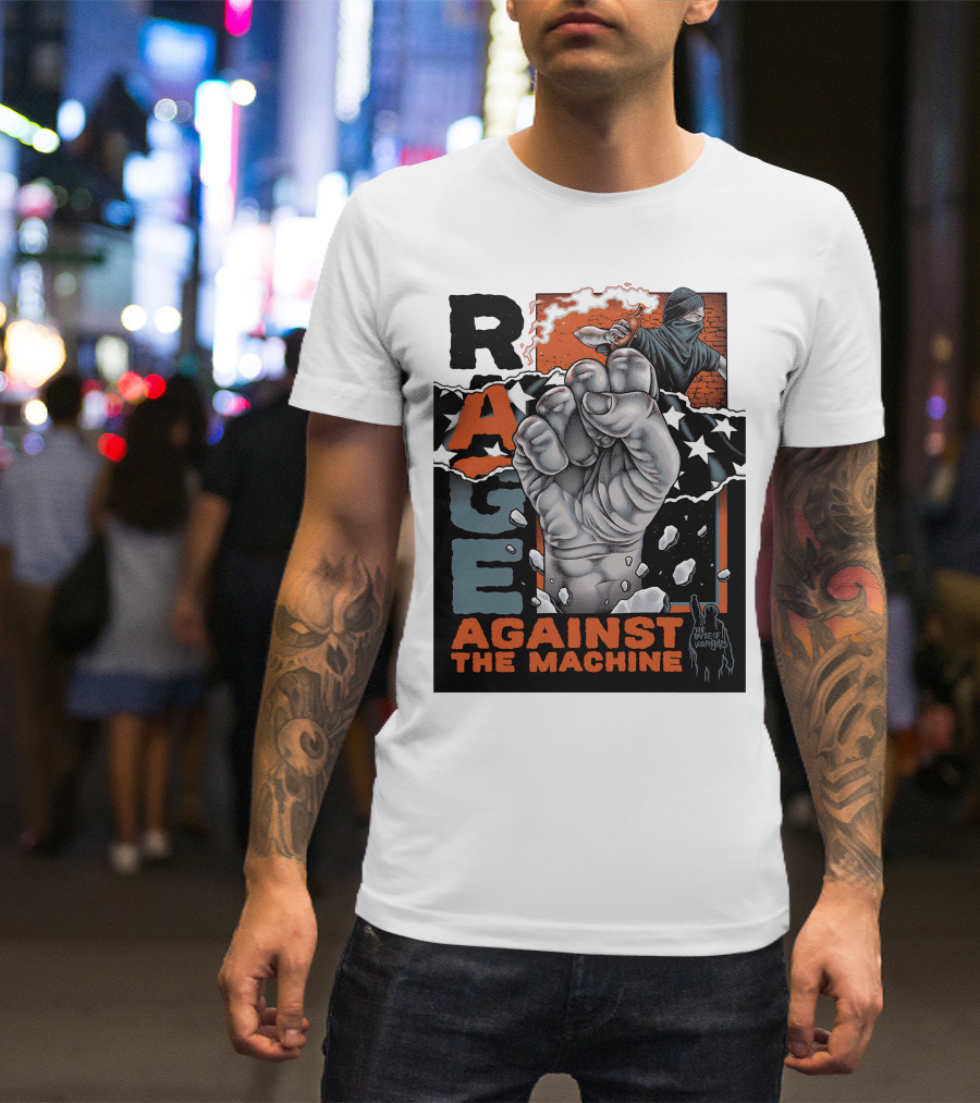 Rage Against The Machine Fist With Star Pattern And Hooded Figure T-Shirt