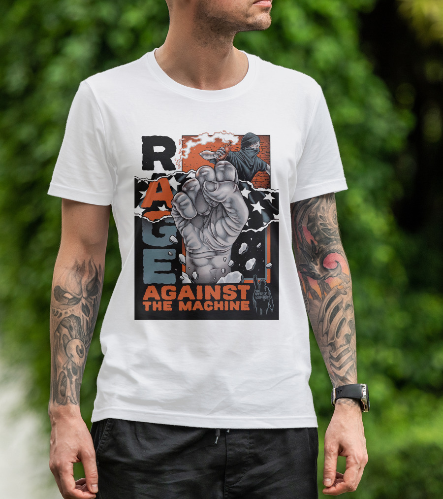 Rage Against The Machine Fist With Star Pattern And Hooded Figure T-Shirt