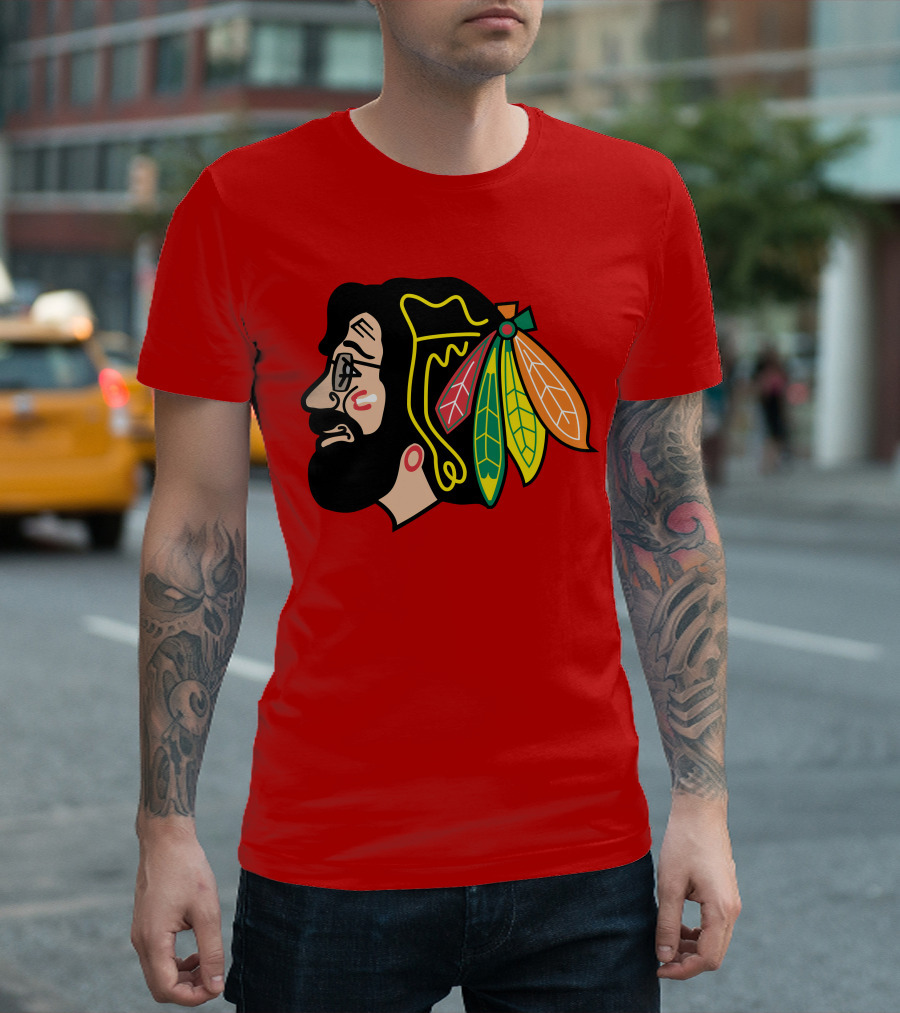 Chicago Blackhawks 1 Portrait With Feathered Headdress On Red T-Shirt