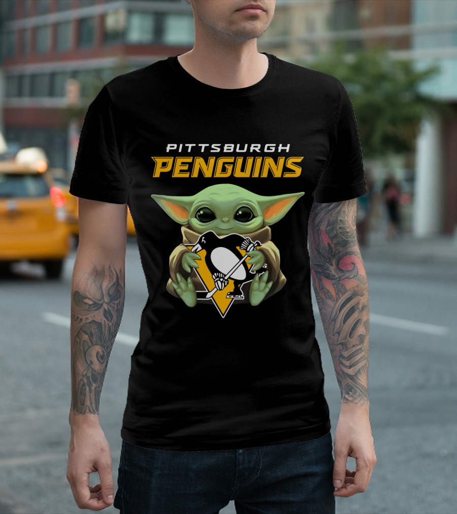 Pittsburgh Penguins Baby Yoda Holding Hockey T-Shirt