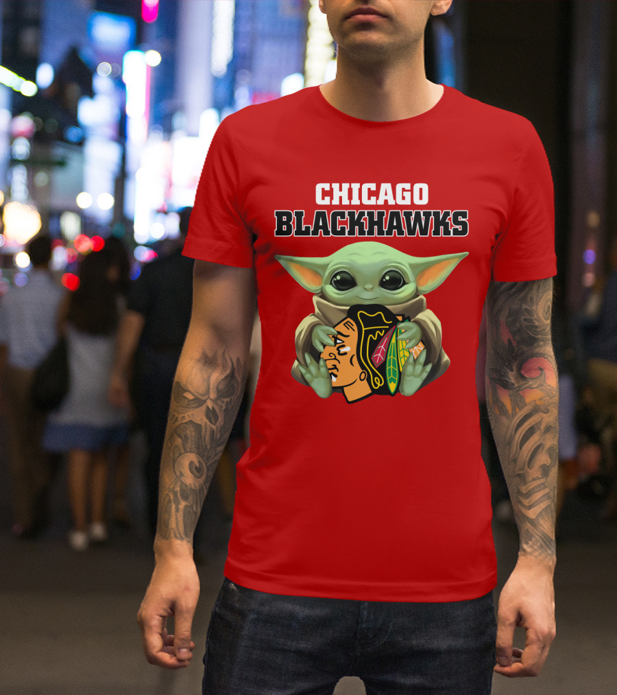 Chicago Blackhawks Baby Yoda Hugging Team T-Shirt