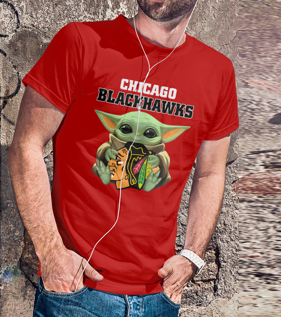 Chicago Blackhawks Baby Yoda Hugging Team T-Shirt