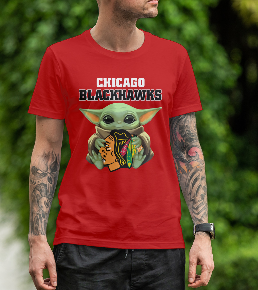 Chicago Blackhawks Baby Yoda Hugging Team T-Shirt