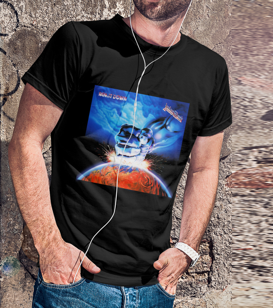 Judas Priest Ram It Down Album Cover Fiery Earth Fist Explosion T-Shirt