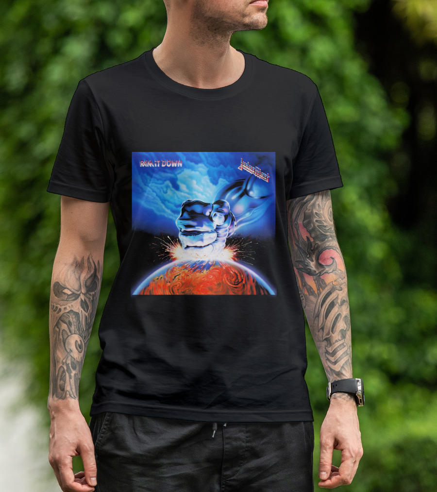 Judas Priest Ram It Down Album Cover Fiery Earth Fist Explosion T-Shirt