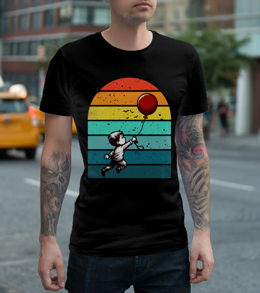 Childhood Nostalgia Boy With Balloon Rainbow Stripes T-Shirt