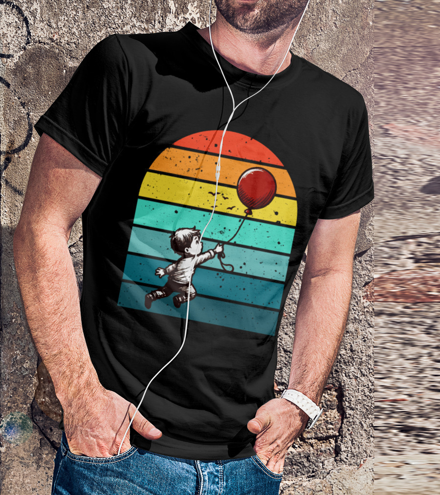 Childhood Nostalgia Boy With Balloon Rainbow Stripes T-Shirt