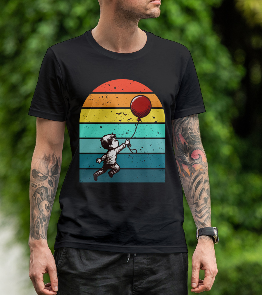 Childhood Nostalgia Boy With Balloon Rainbow Stripes T-Shirt