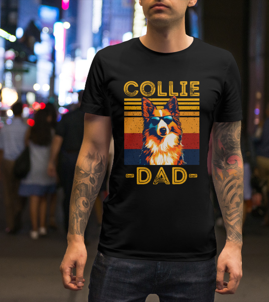 COLLIE DAD Retro Sunglasses Dog Vintage Stripes T-Shirt