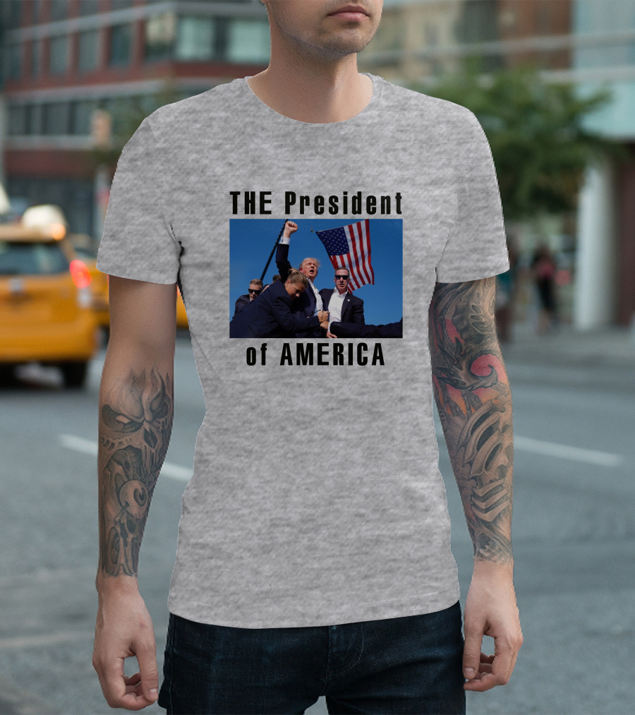 THE President of AMERICA Trump with American Flag in Background T-Shirt