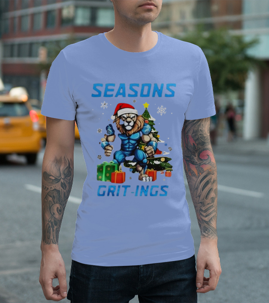 Seasons Grit-Ings Detroit Lions Christmas 2024 Football Santa Lion T-Shirt