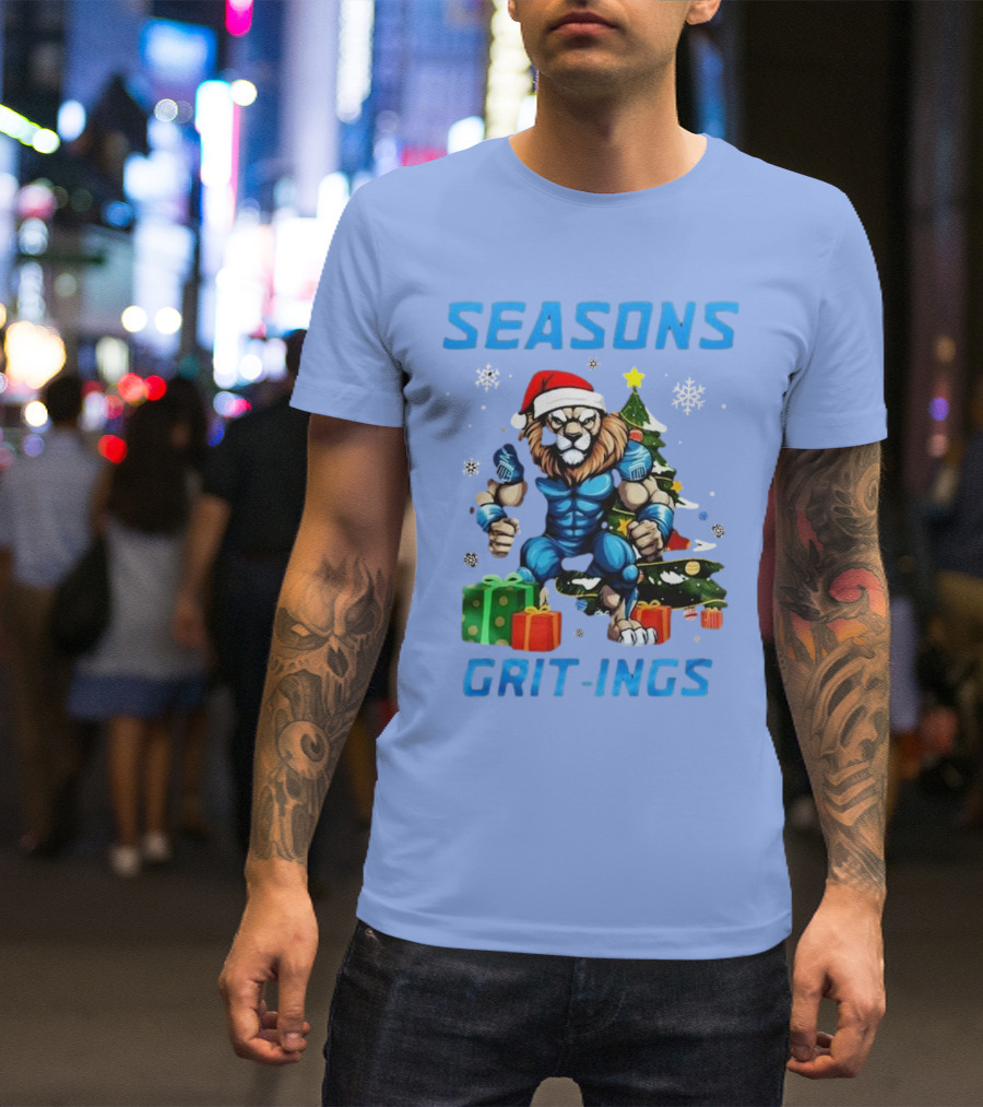 Seasons Grit-Ings Detroit Lions Christmas 2024 Football Santa Lion T-Shirt