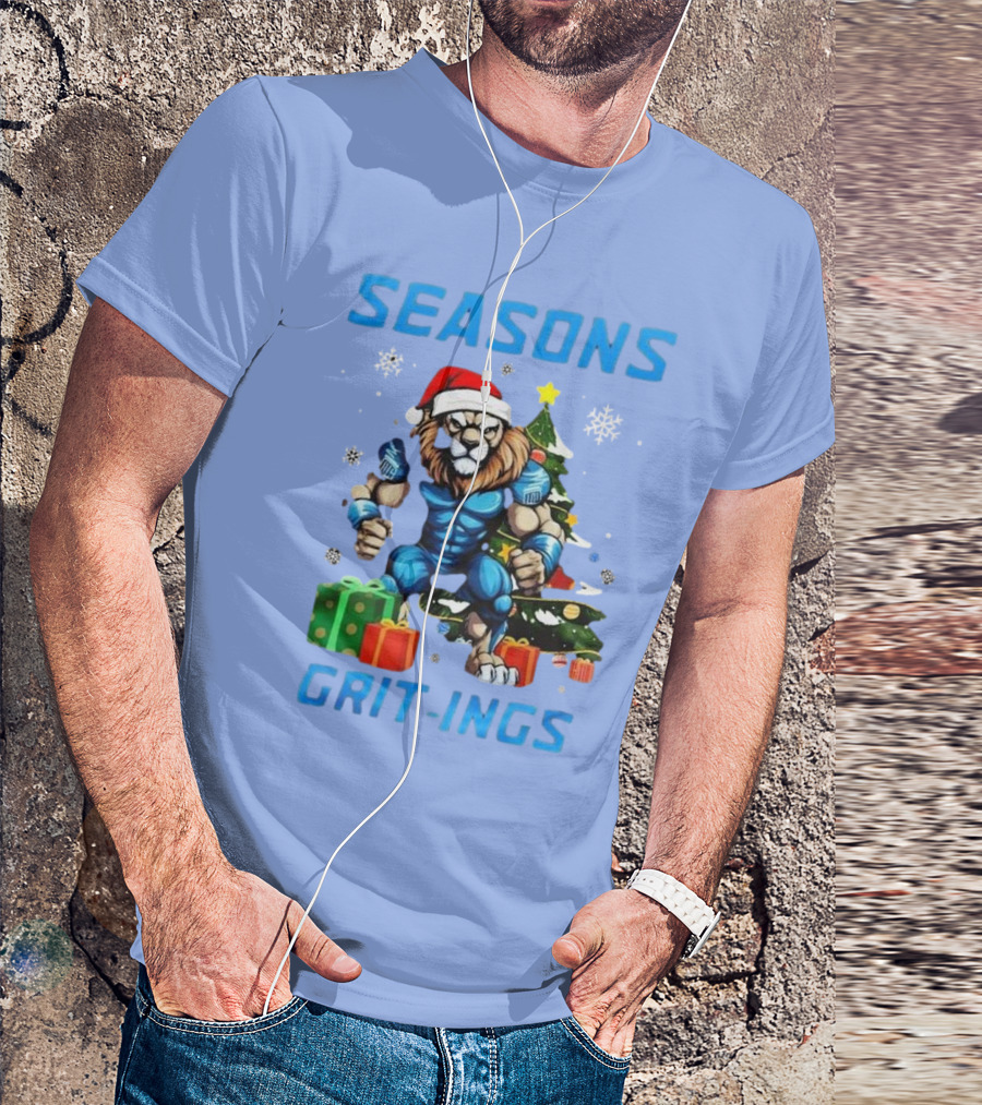 Seasons Grit-Ings Detroit Lions Christmas 2024 Football Santa Lion T-Shirt