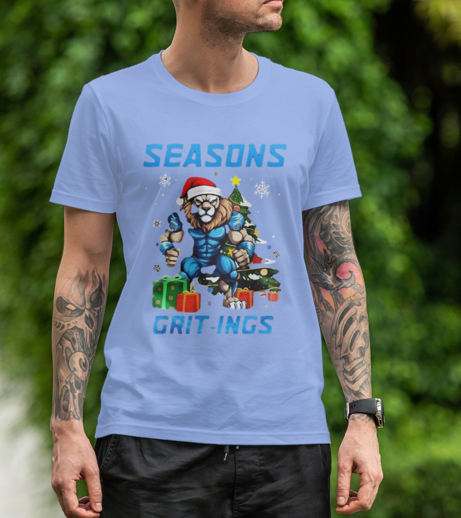 Seasons Grit-Ings Detroit Lions Christmas 2024 Football Santa Lion T-Shirt
