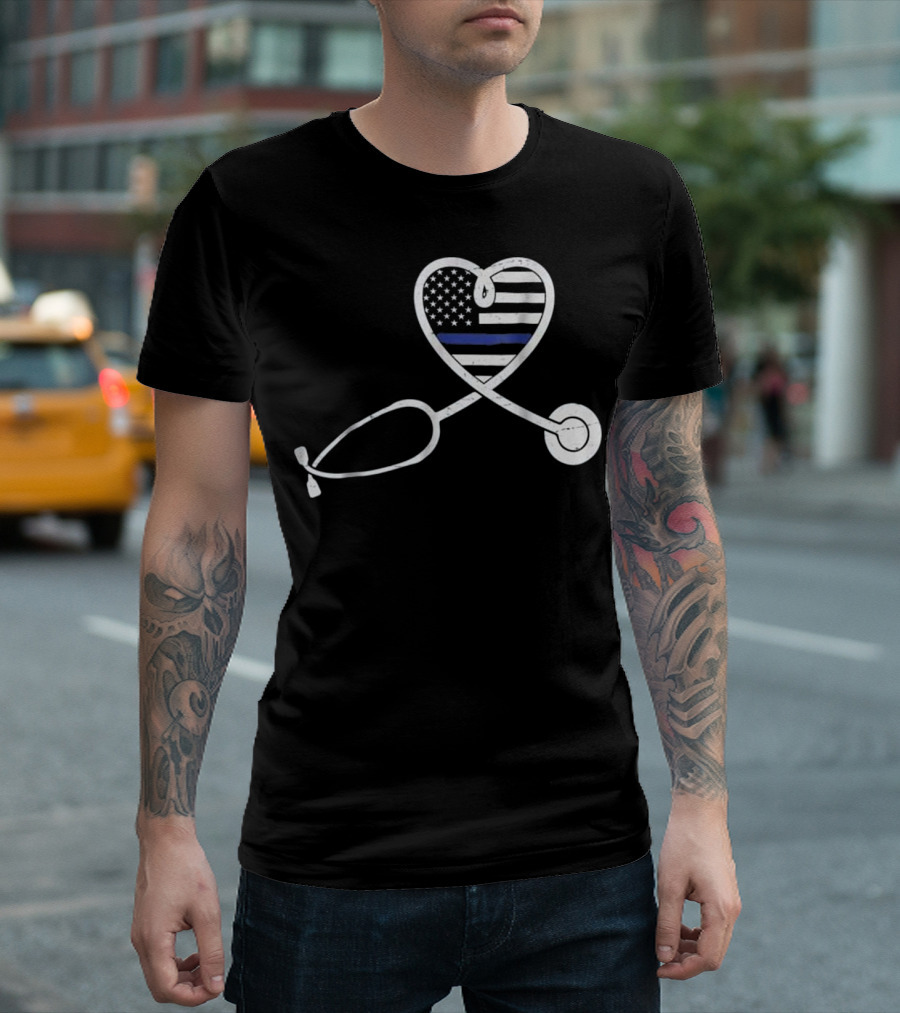 Thin Blue Line Nurse Wife Police Officer Heart Support Love T-Shirt