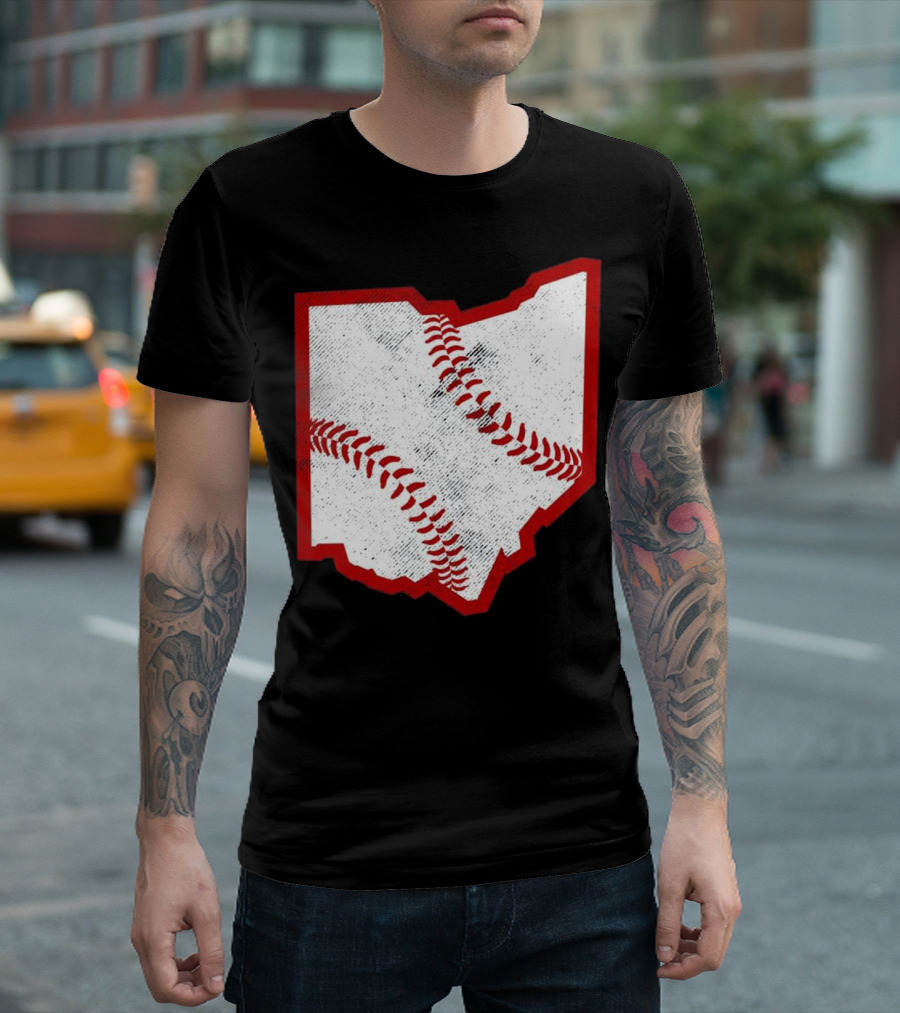 Ohio Baseball Map with Red Stitching T-Shirt