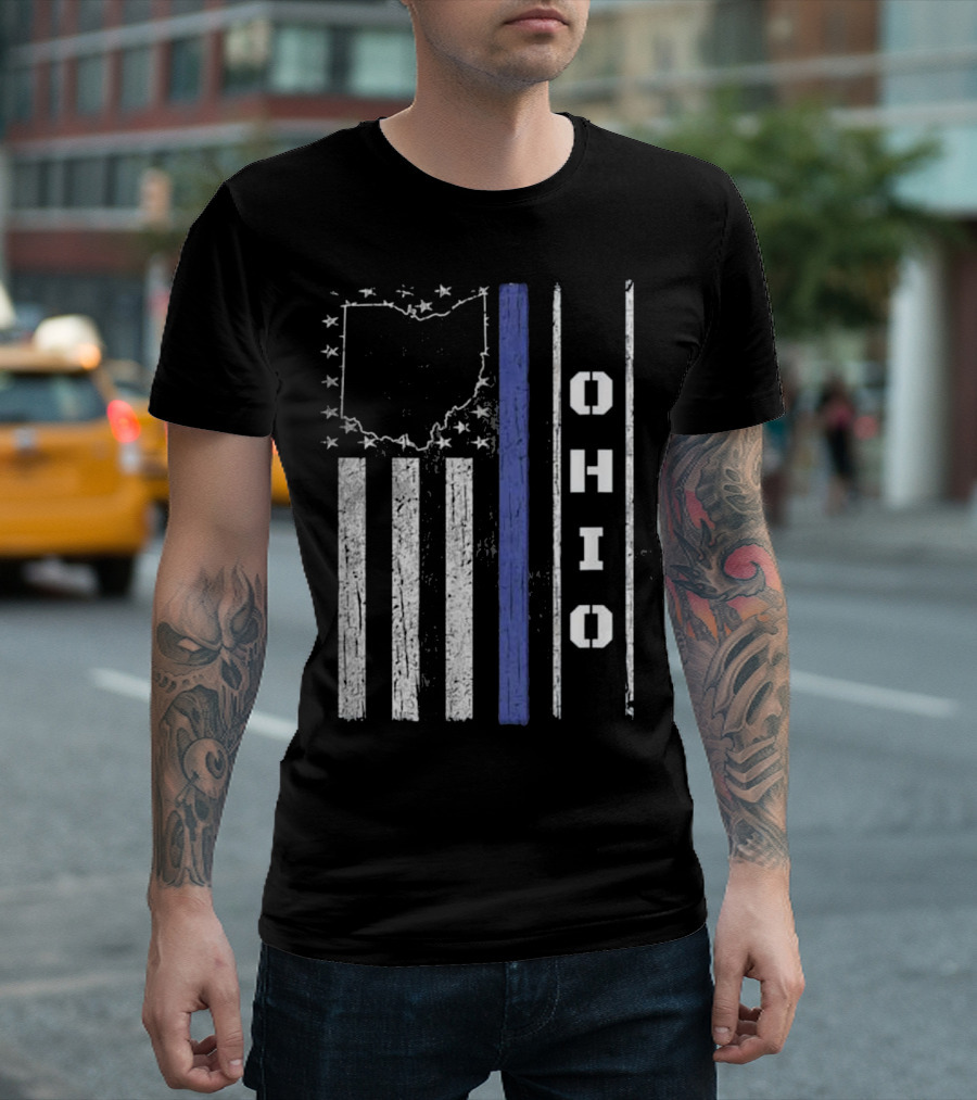 Ohio Thin Blue Line Flag With State Outline And Stars T-Shirt