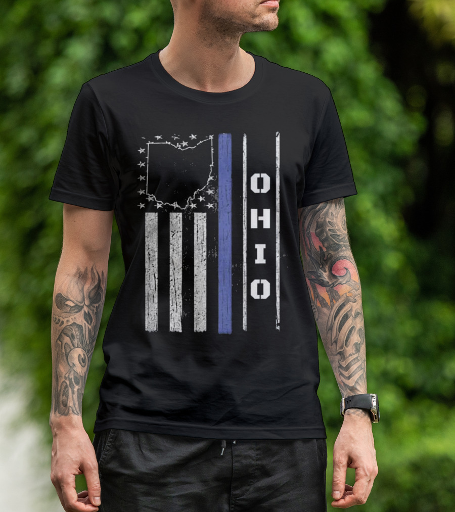 Ohio Thin Blue Line Flag With State Outline And Stars T-Shirt