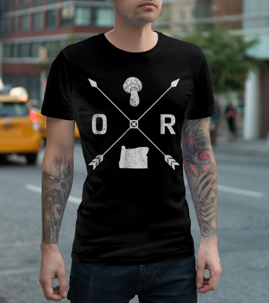 Oregon Morel Mushroom Hunting Graphic Map And Arrow X T-Shirt