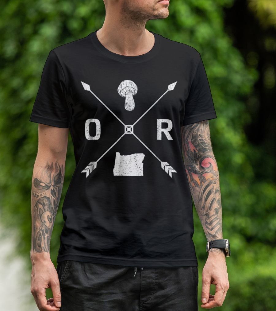 Oregon Morel Mushroom Hunting Graphic Map And Arrow X T-Shirt
