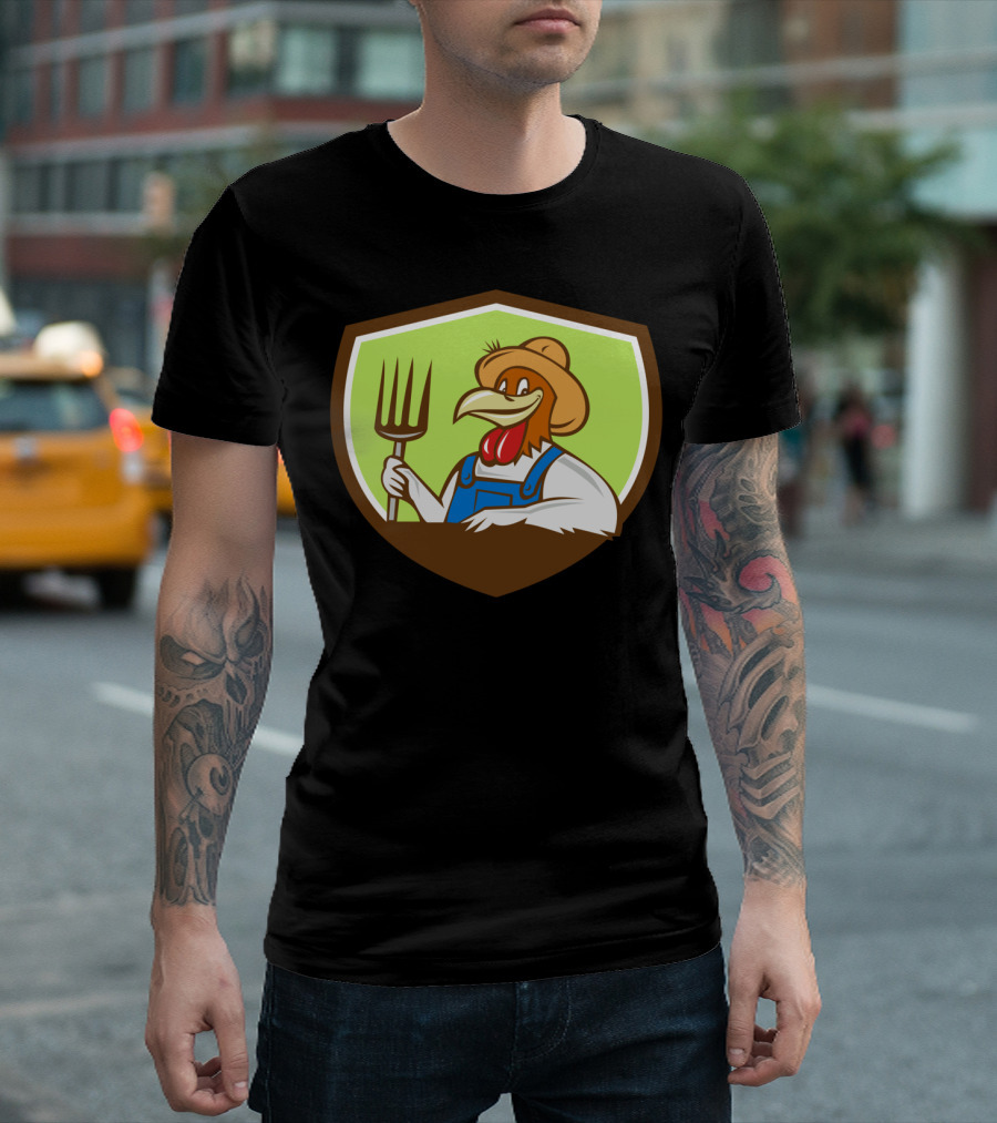 Chicken Farmer Crest with Pitchfork and Hat T-Shirt