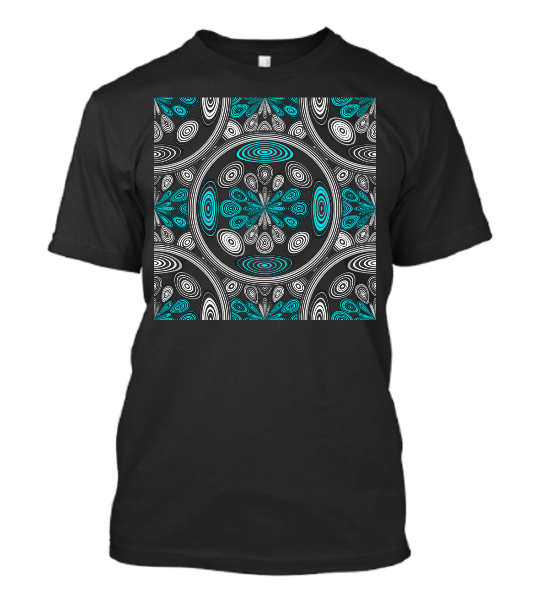 Geometric Arabesque Circular Pattern In Black, White, And Teal Swirls T-Shirt