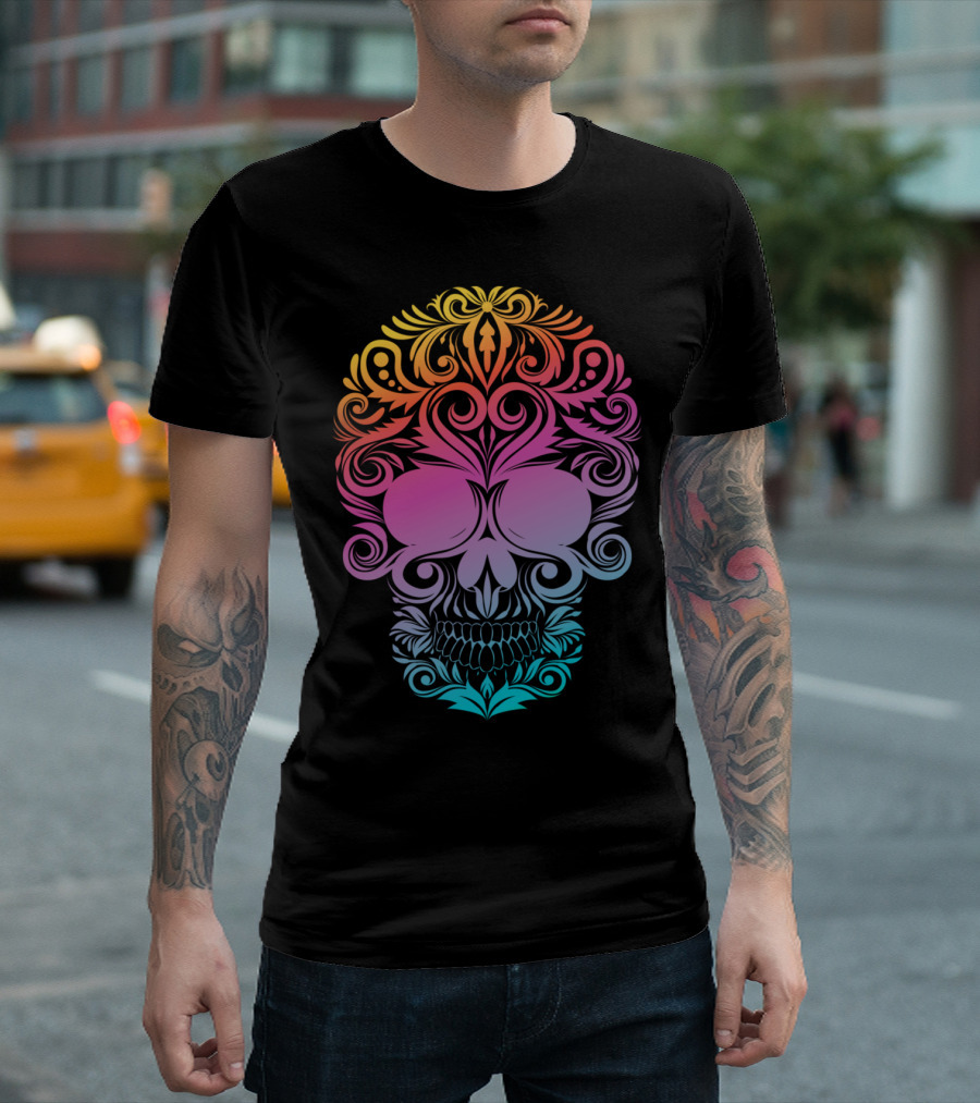 Floral Decorative Skull A Rainbow Gradient Baroque T-Shirt