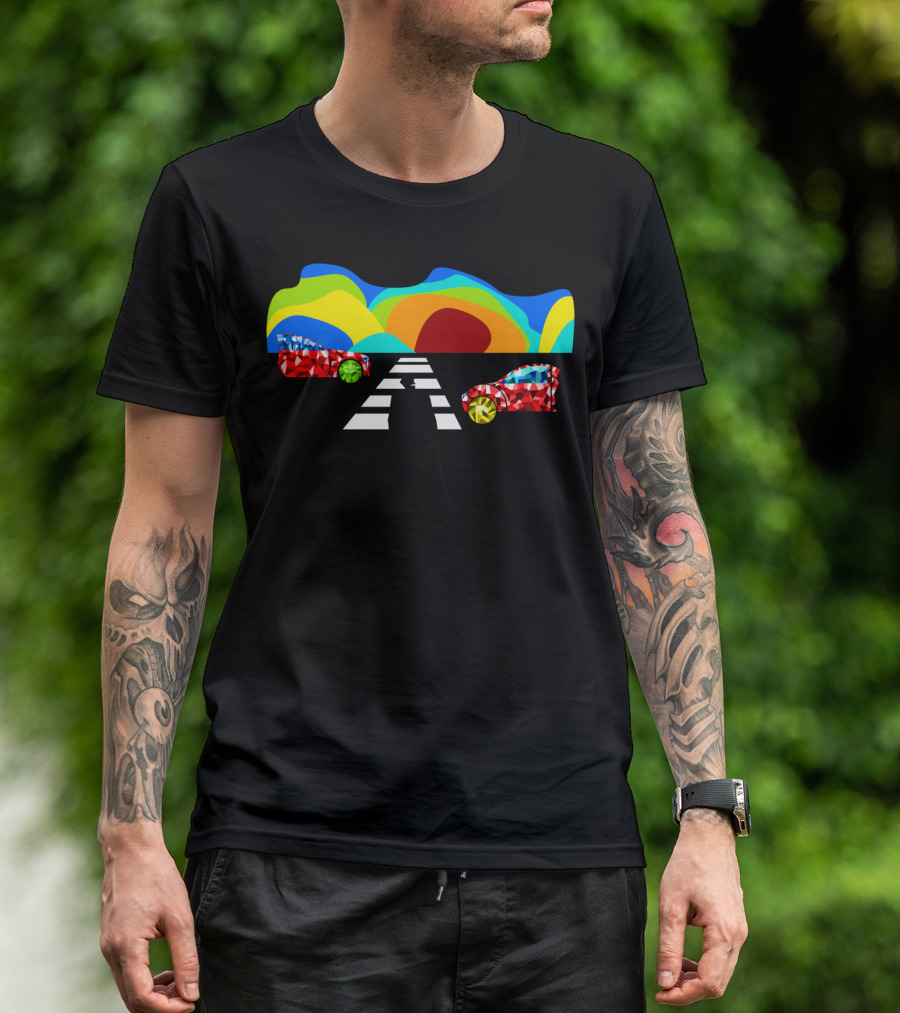 Crossing The Street T Vibrant Roadway Silhouette And Colorful Abstract Cars T-Shirt