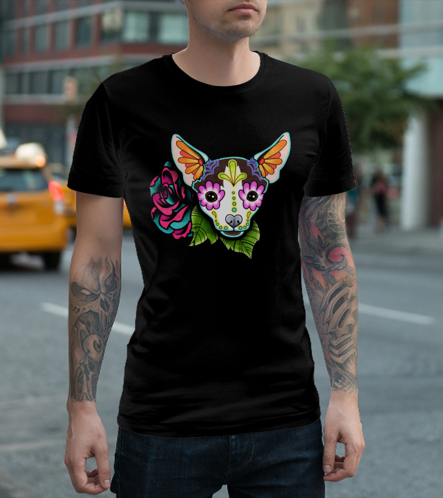 Chihuahua Sugar Skull with Rose Day of the Dead Cadaverous Cow Fiesta T-Shirt
