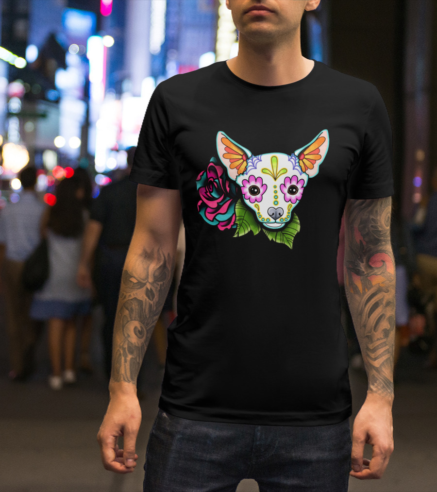 Chihuahua Day Of The Dead Sugar Skull With Colorful Flower And Green Leaves T-Shirt