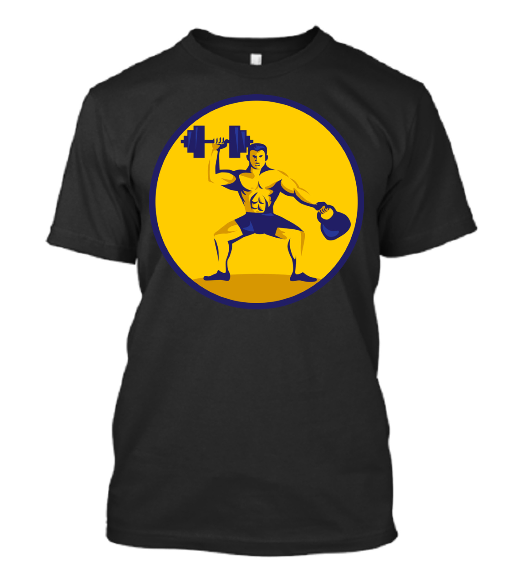 Athlete Holding Kettlebell And Dumbbell In Yellow Circle T-Shirt