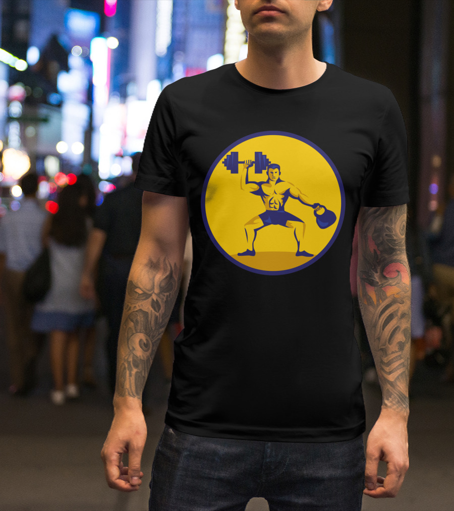 Athlete Holding Kettlebell And Dumbbell In Yellow Circle T-Shirt