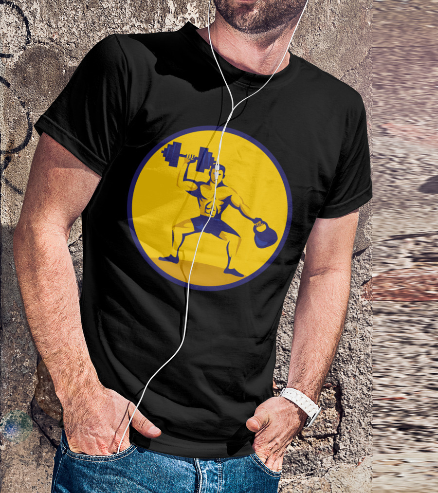 Athlete Holding Kettlebell And Dumbbell In Yellow Circle T-Shirt