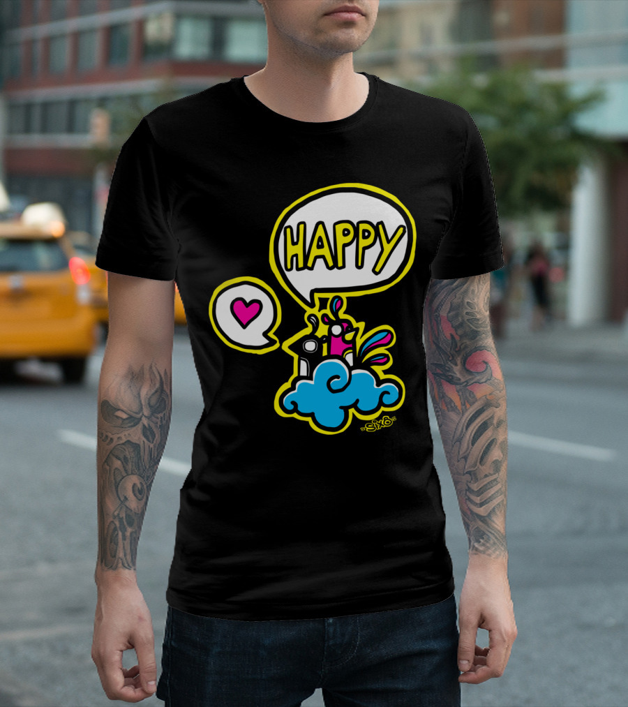 HAPPY Heart Speech Bubble On Colorful Character Cloud By SiYo T-Shirt