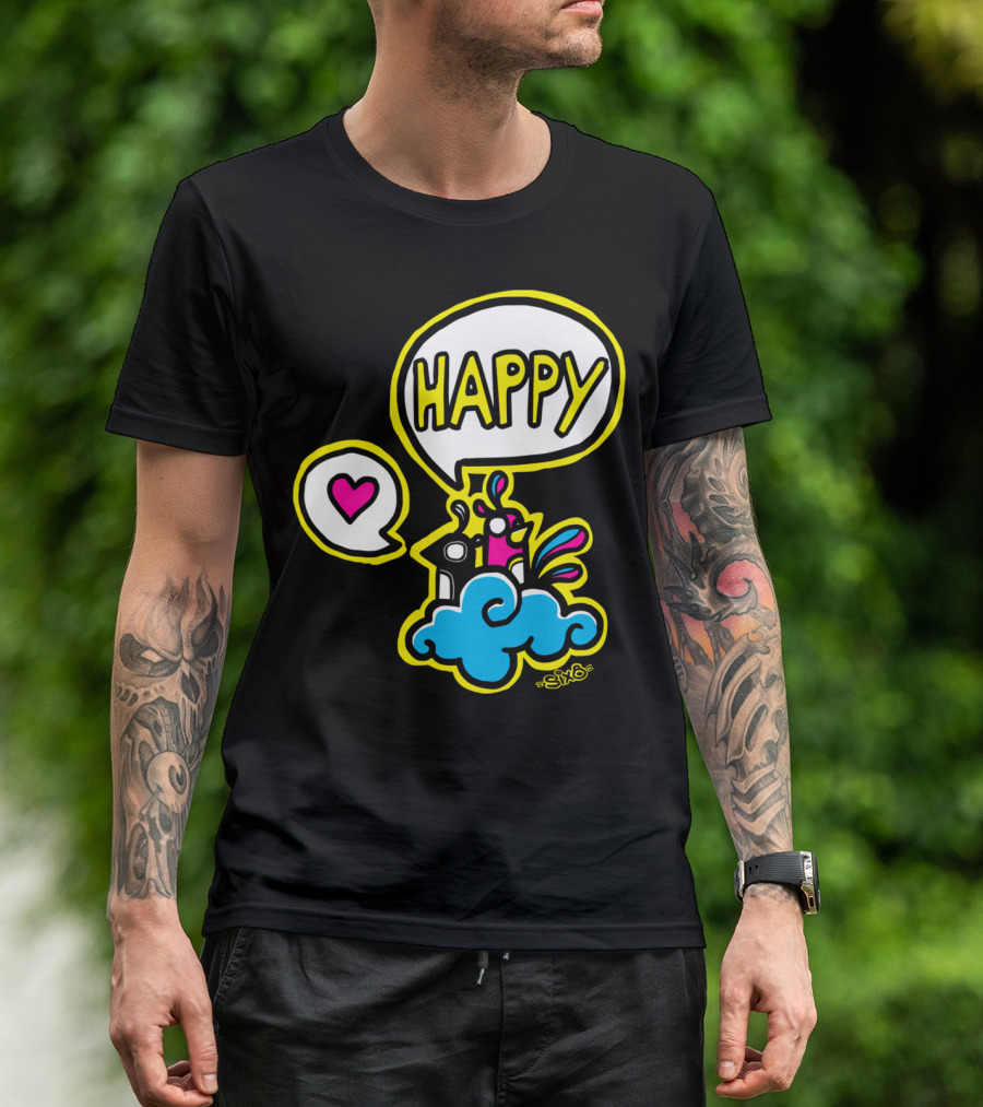 HAPPY Heart Speech Bubble On Colorful Character Cloud By SiYo T-Shirt