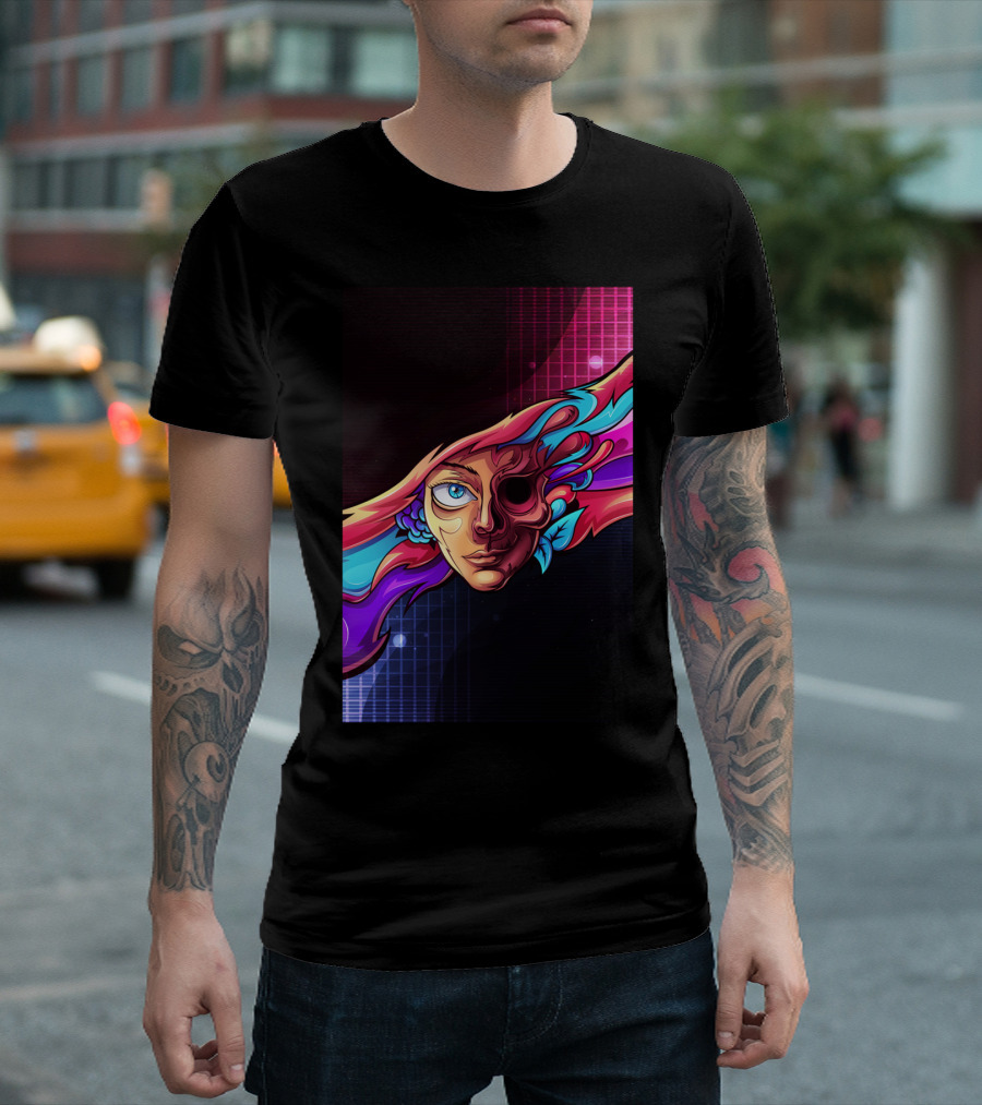 Crumbling Complexion Art Prin Colorful Surreal Half-Face w/ Fluid Waves T-Shirt