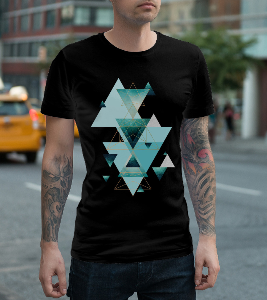 Geometric Compilation Aqua Triangles And Gold Lines T-Shirt