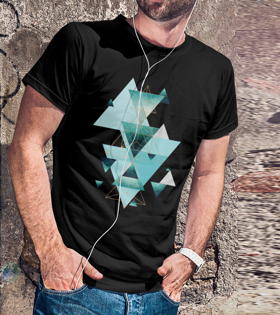 Geometric Compilation Aqua Triangles And Gold Lines T-Shirt