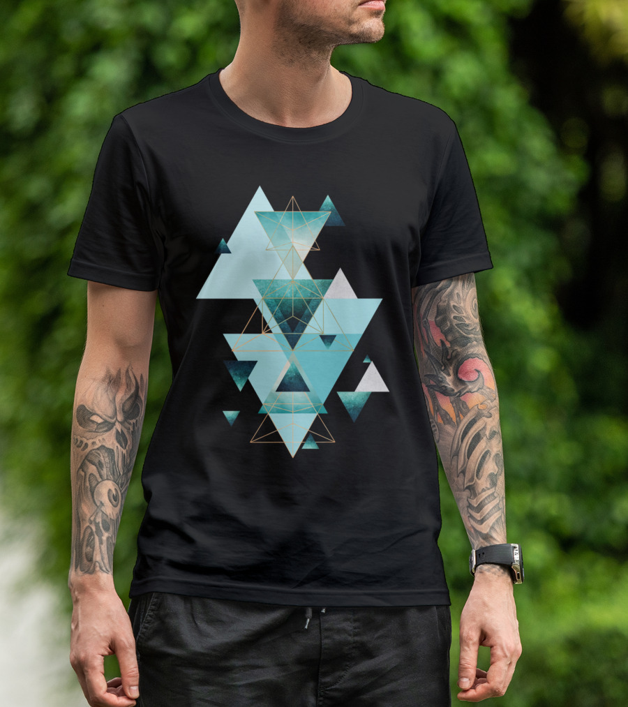 Geometric Compilation Aqua Triangles And Gold Lines T-Shirt