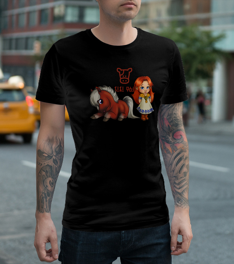 Child Malon And Epona The Foal With Stylized Cow Symbol And Hylian Text T-Shirt