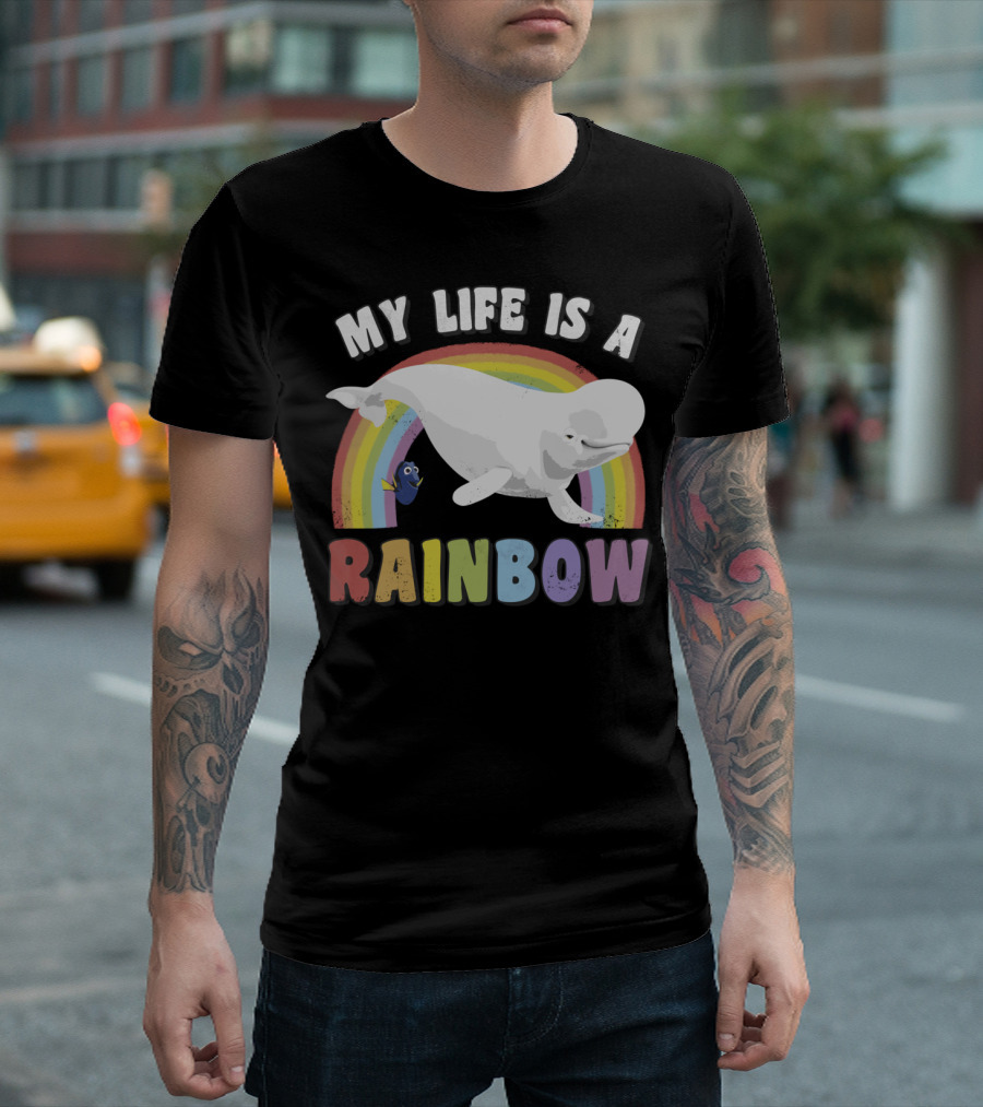 My Life Is A Rainbow Beluga Whale and Blue Fish T-Shirt