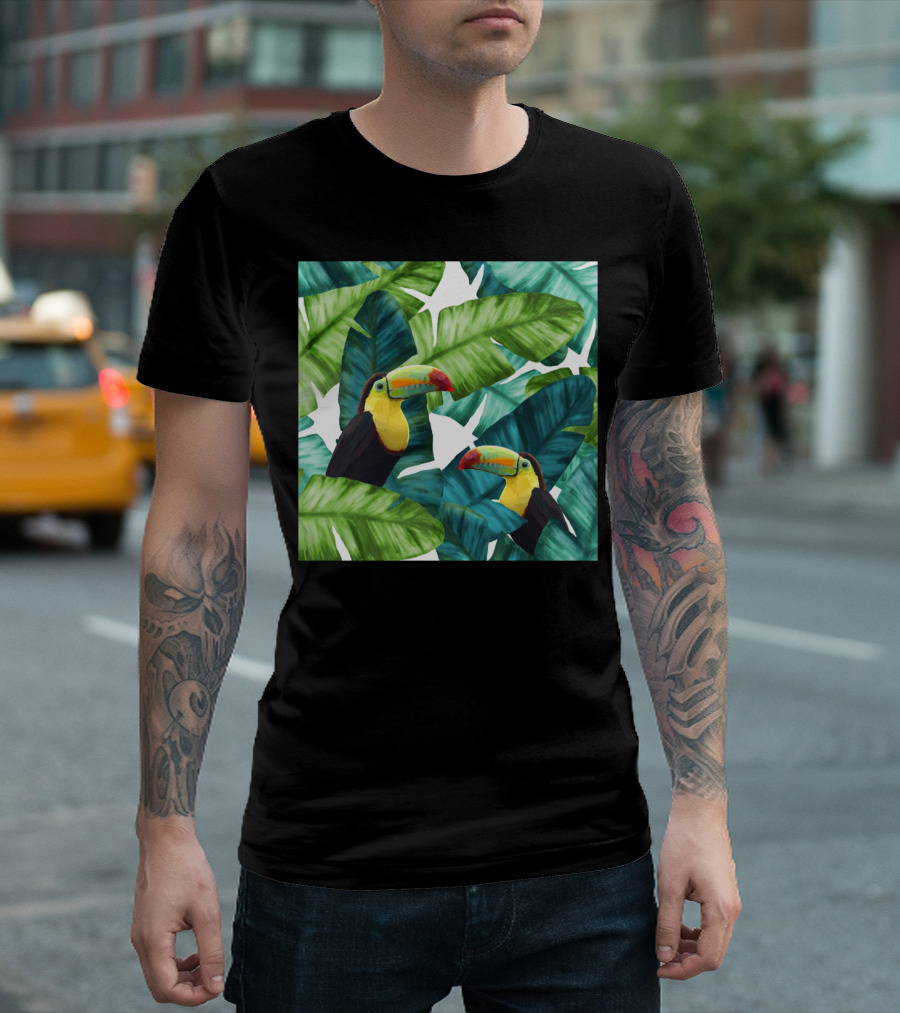 Toucans In Vibrant Tropical Banana Leaves Patter T-Shirt