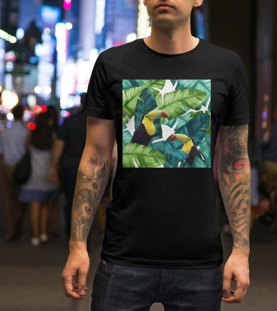 Toucans In Vibrant Tropical Banana Leaves Patter T-Shirt