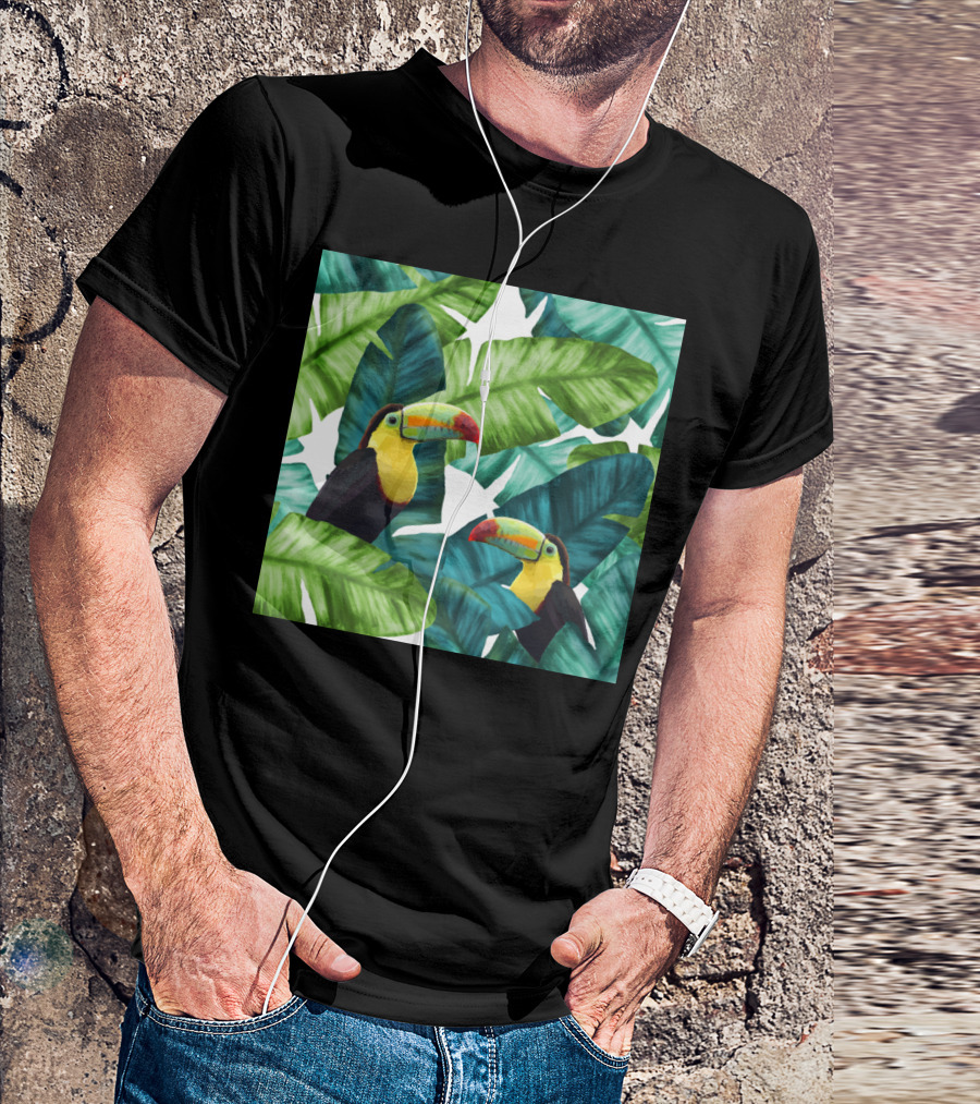 Toucans In Vibrant Tropical Banana Leaves Patter T-Shirt