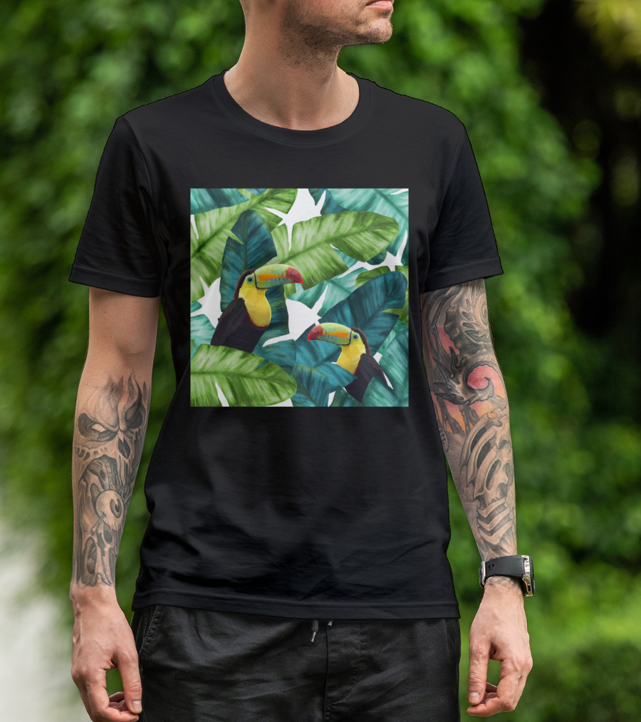Toucans In Vibrant Tropical Banana Leaves Patter T-Shirt